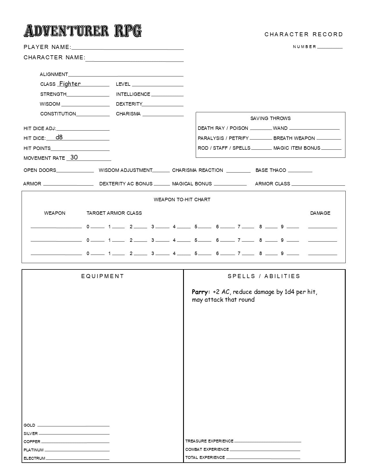 The Adventurer Character Sheets Pack