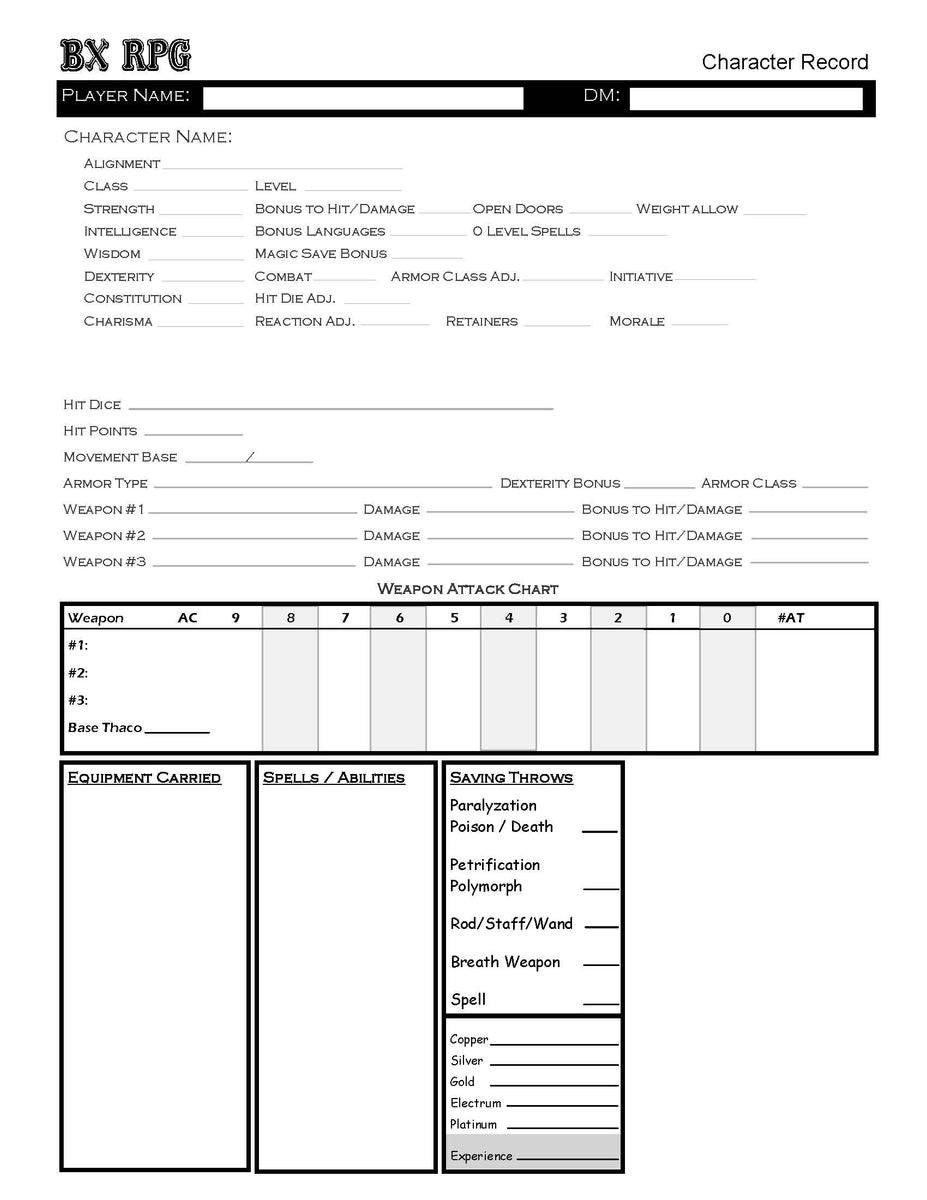 B/X Pacesetter Character Sheet – Pacesetter Games